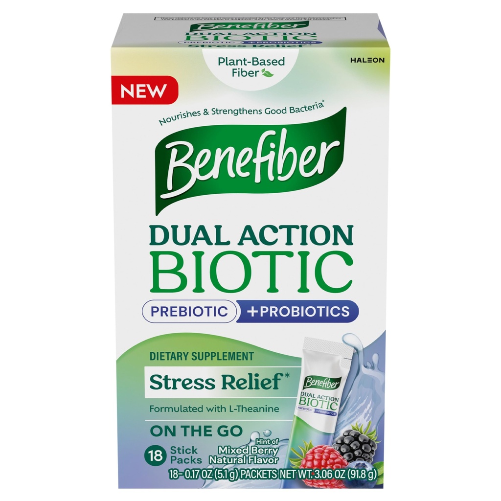 Benefiber Dual Action Biotic Plus 스트레스 완화, 18 카운트 스틱 팩