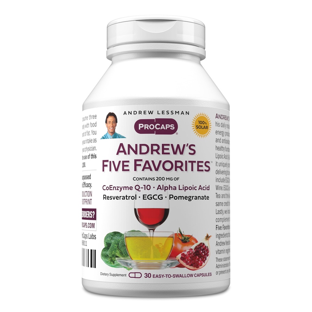 ANDREW LESSMAN 앤드류의 5 좋아하는 30 캡슐 - Coenzyme Q-10, Resveratrol, EGCG, Pomegranate 및 알파 Lipoic 산, 강력한 항산화 지원, 첨가물 없음의 각각 200mg을 제공합니다
