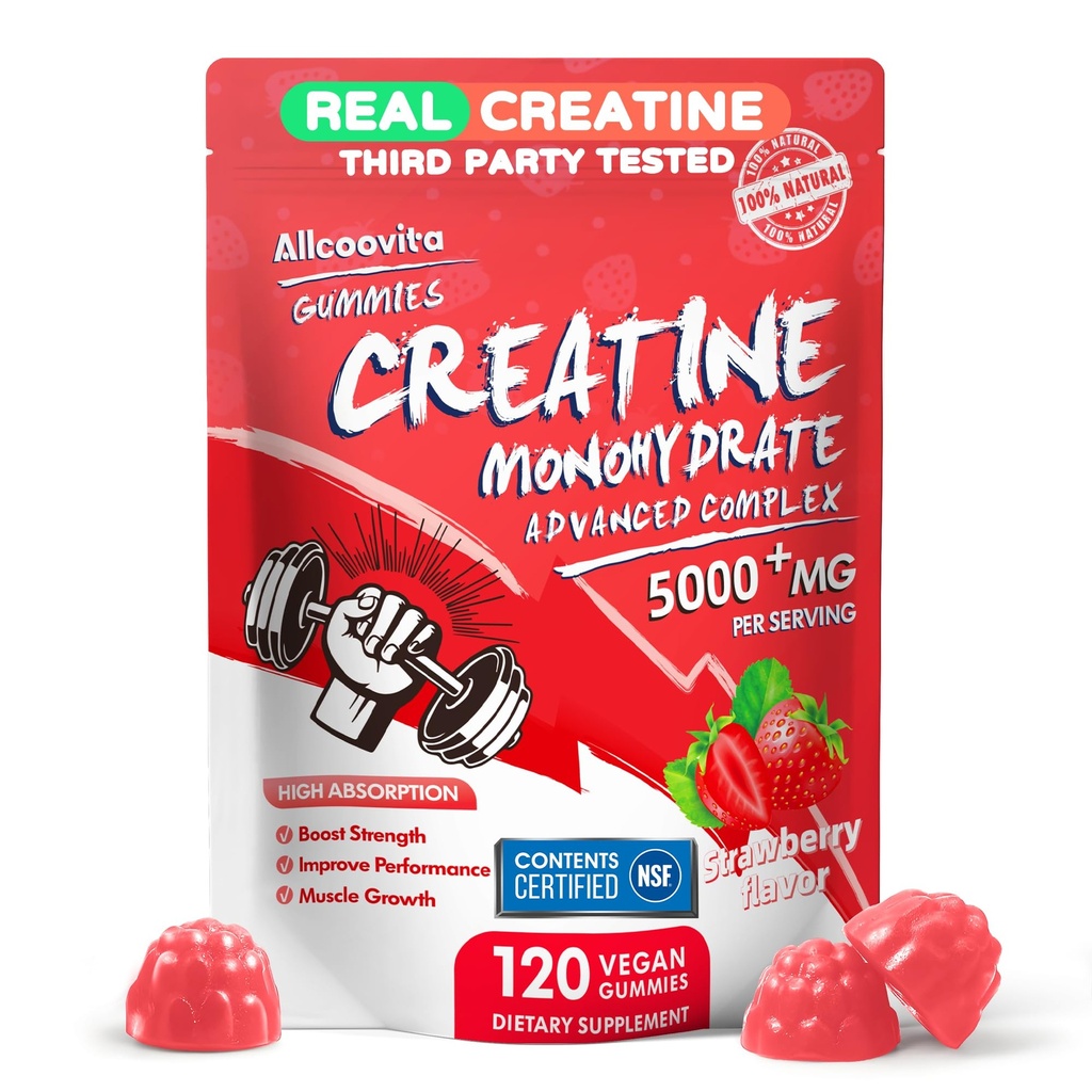 Creatine Monohydrate Gummies Complex for Men & Women,5 근육 힘, 근육 건축업자, 에너지 부스트, 전 운동 보충교재-120 Strawberry Gummies를 위한 전해질 Creatine Gummy