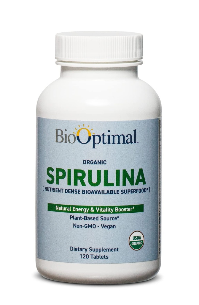 BioOptimal 유기 Spirulina 정제 - 유기, 비 GMO, 첨가제 또는 필러 없음 - 비타민, 미네랄 및 산화 방지제와 500mg 프리미엄 품질 규정 식 보충교재 (120 정제)