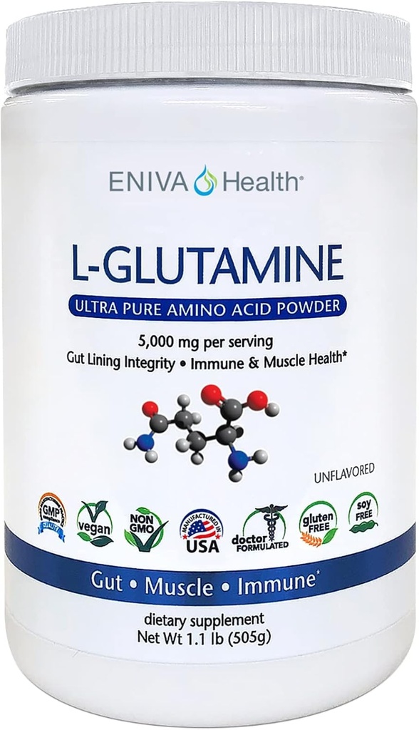 Eniva Health L-Glutamine Pure Powder, Unflavored (101 서빙) | Vegan, Gluten-Free, Sugar-Free, Non-GMO | 의사-Formulated, USA Made | Gut Health, Leaky Gut, Bloating, 근육 건강, 면역 체계