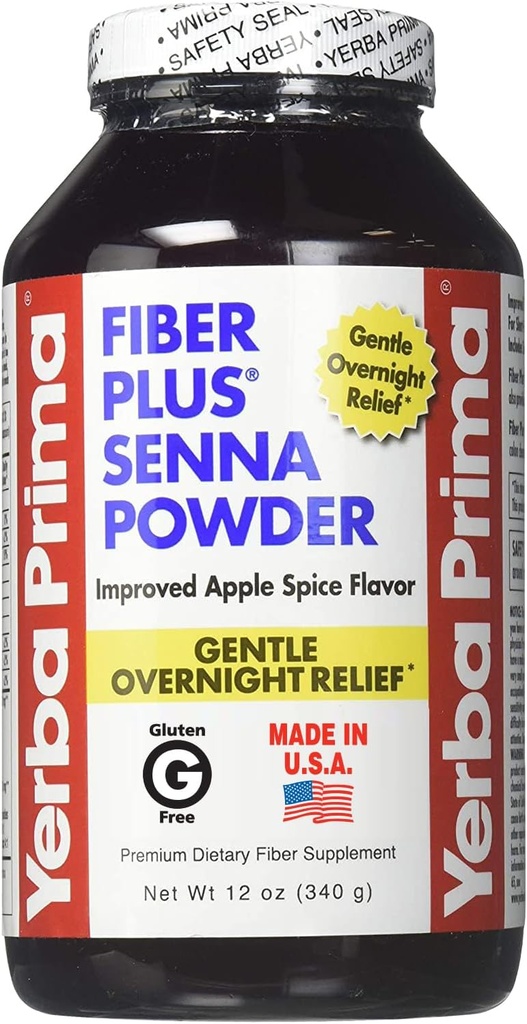 Yerba Prima Fiber Plus Senna Powder, 12 Ounce - 일반 복원, 향상된 Apple Spice 풍미, Stevia Sweetened, Gentle Overnight Relief 제공