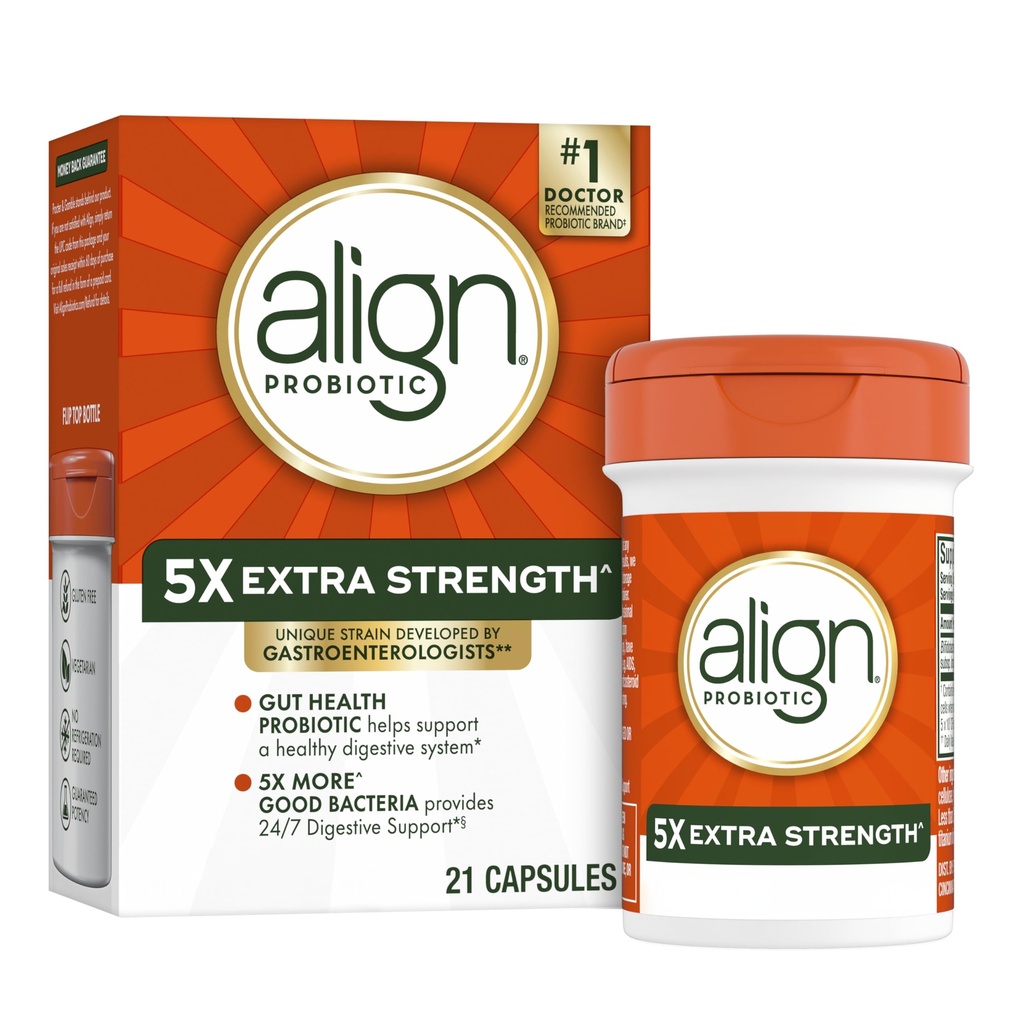 Align Probiotic Extra Strength, 여성 및 남성을위한 Probiotics, #1 의사 추천 브랜드 ‡, 5X 더 좋은 Bacteria^ 건강한 소화 시스템 *, 21 캡슐 (포장 할 수있다 Vary)