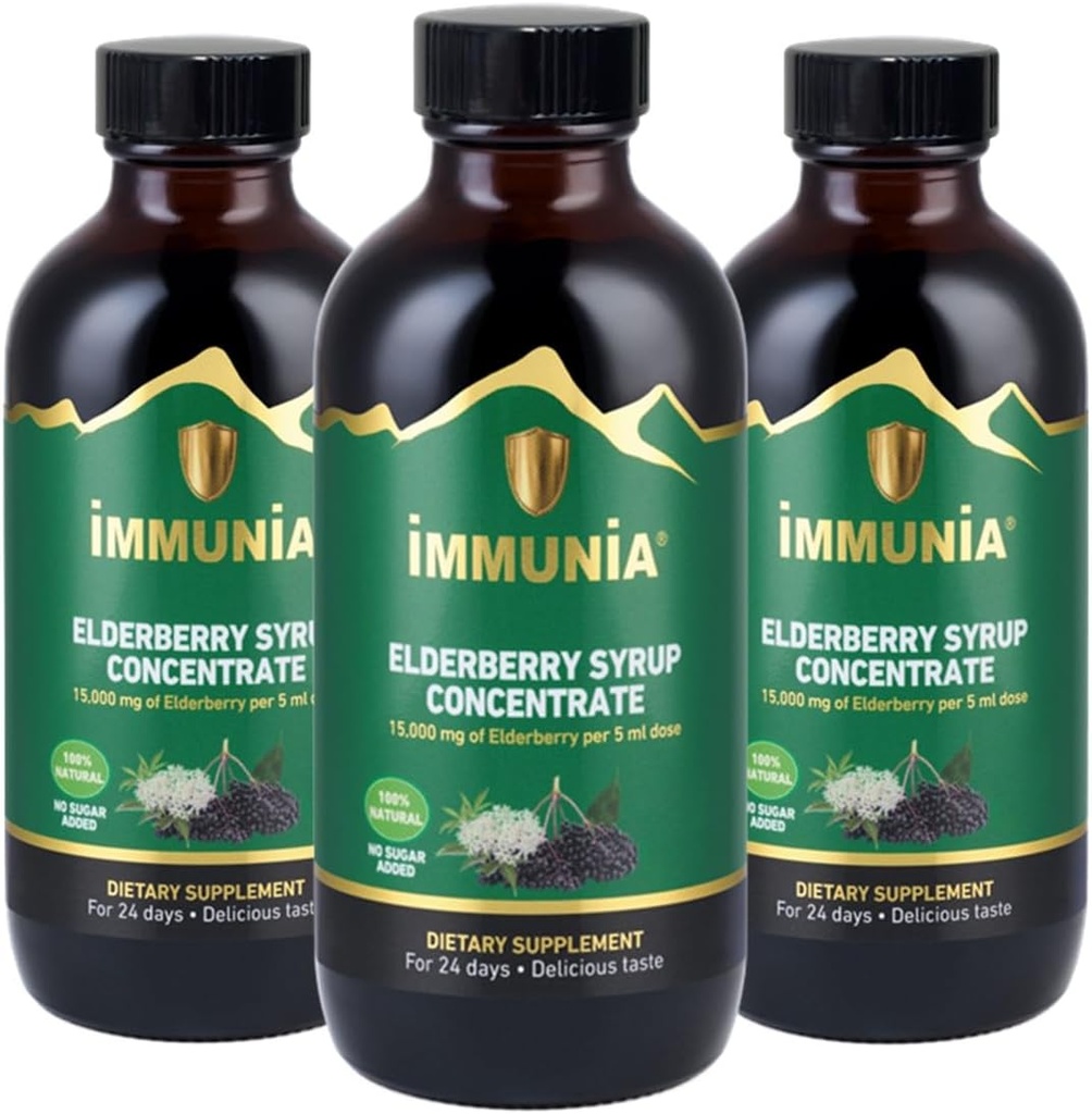 Immunia Elderberry Syrup은 면역 체계를 강화합니다. Elderberry Elderflower, Thyme 및 Peppermint와 농축. 설탕이 추가되었습니다. 맛있는 맛. 24 일 / 병. (3 팩)