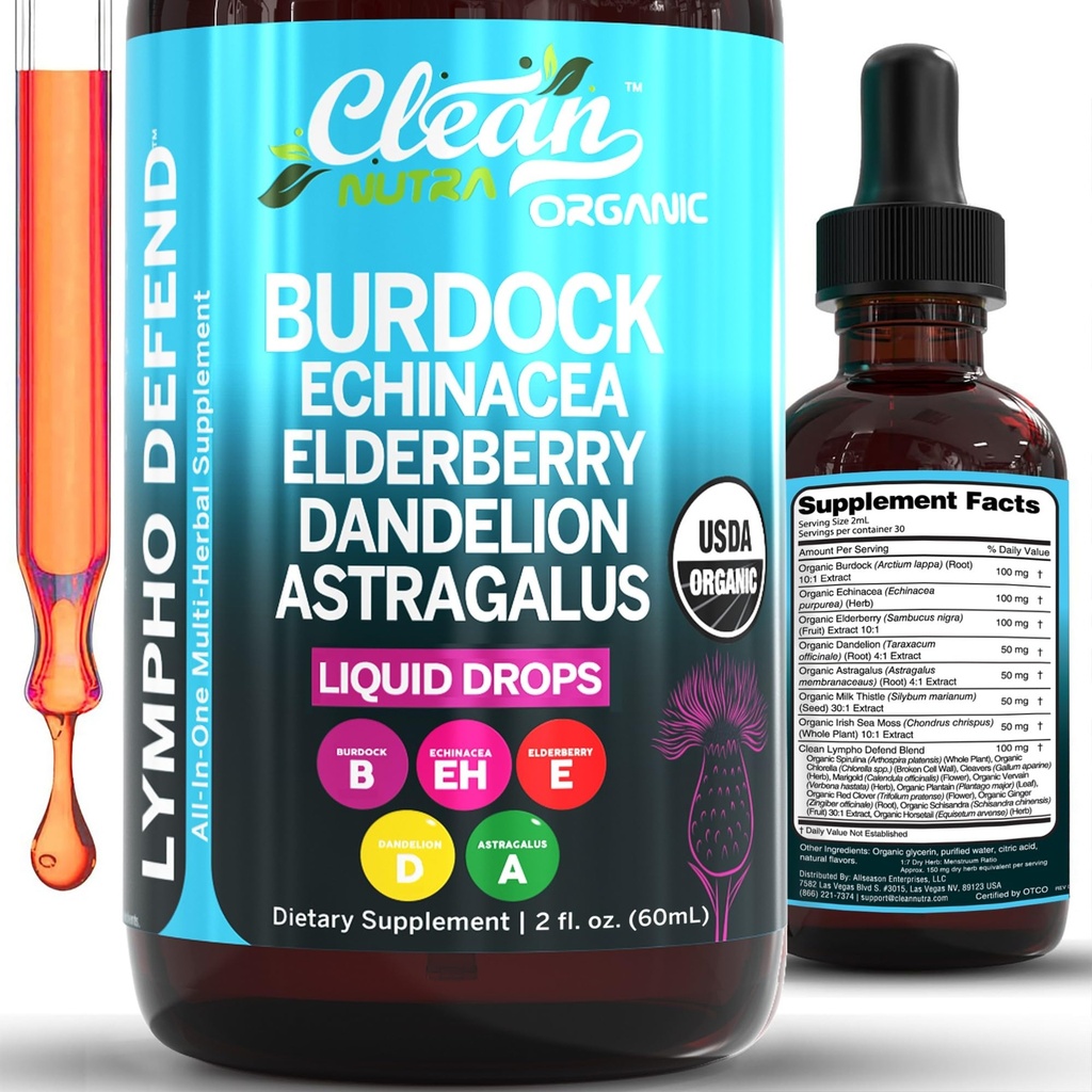 유기 림프 배수장치 보충교재 | 림프 지원 하락 | 버드 록 뿌리 Echinacea Elderberry Dandelion Astragalus 우유 이틀 바다 Moss 빨간 클로버 청결한 Nutra