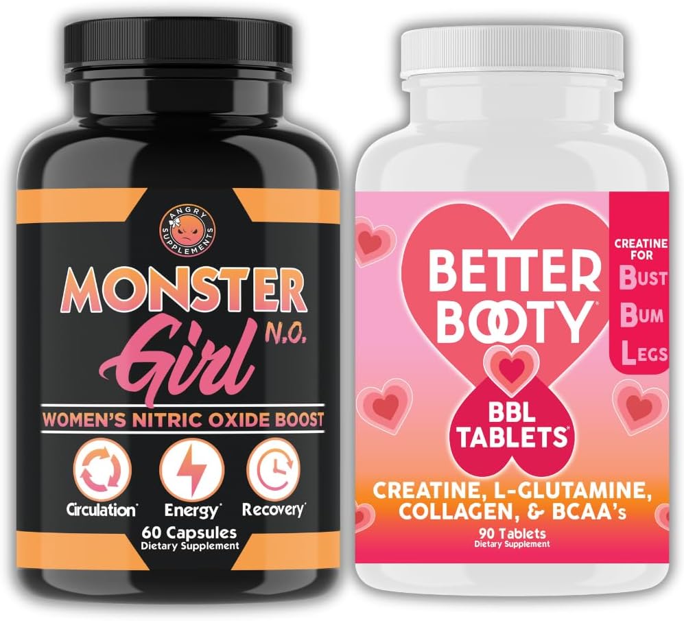 화난은 여자 운동 뭉치를 보충합니다: 몬스터 소녀 N.O Nitric 산화물 승압기 60ct + Creatine 복잡한 정제 90ct 2 병 합계
