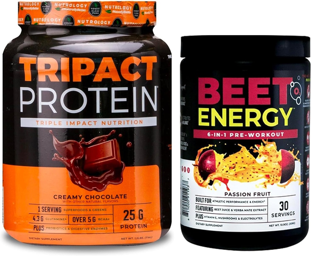 Nutrology Beet Natural O2, Pre Workout Powder, Passion Fruit flavor (30 서빙) TRIPACT Protein Powder, 7-in-1 식사 교체 Shake, 크림 초콜릿 맛 (20 서빙)