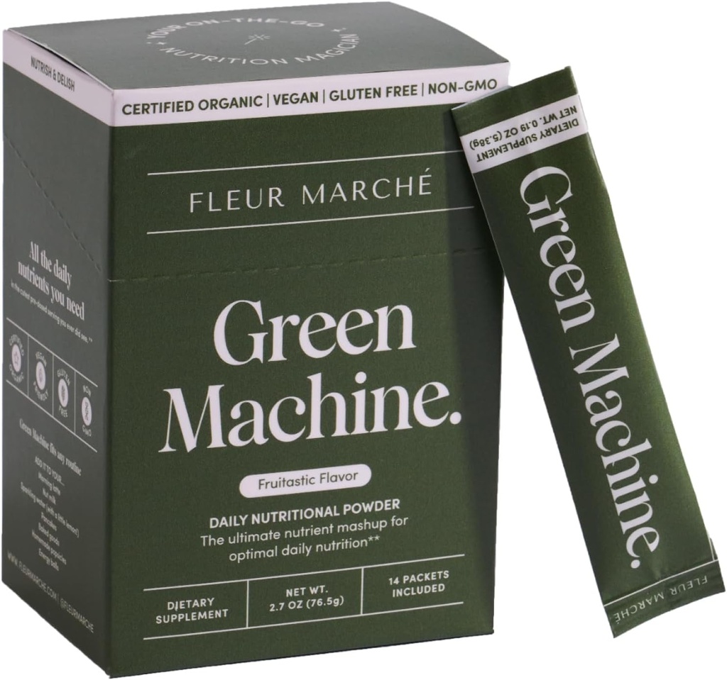 Fleur Marche Green Machine Super Greens Powder Packets - 유기 녹색, 과일 및 Probiotics - 소화, 에너지, Microbiome 지원 및 해독을위한 슈퍼 푸드 - On-The-go Green Juice - 14 Packets