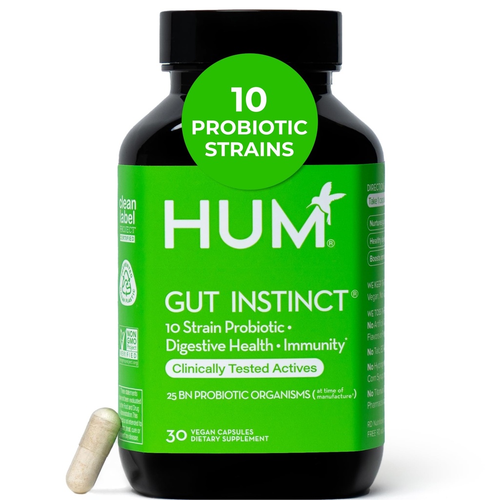 HUM Gut Instinct 여성과 남성, 소화 건강, Lactobacillus, 면역 지원을위한 Bifidobacterium Strains, 건강한 Gut Diversity에 대한 Probiotic 보충, 30 캡슐