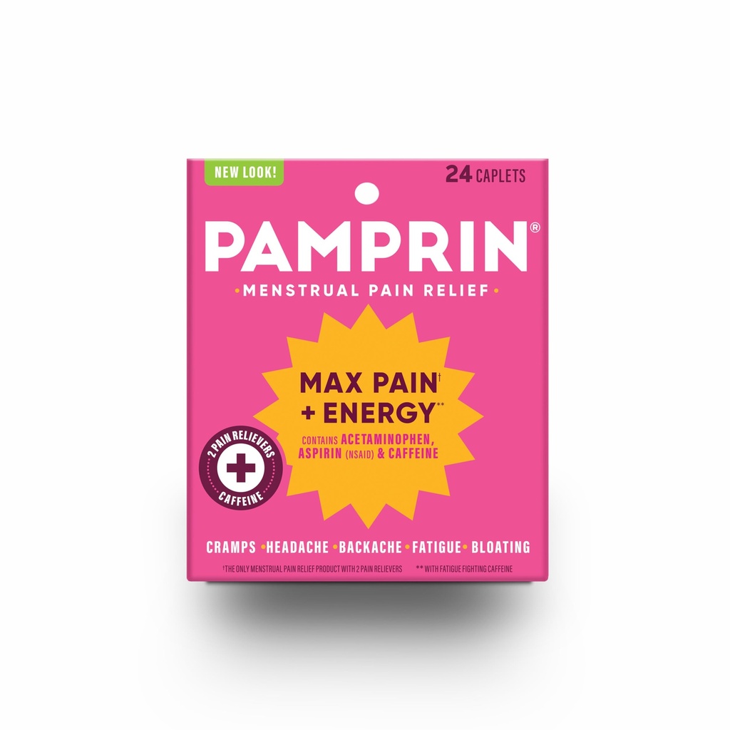 Pamprin 최대 힘 최대 고통 및 에너지 공식, Cramp, Bloating 및 피로, 24의 모자를 위한 생리 기간 증상 완화
