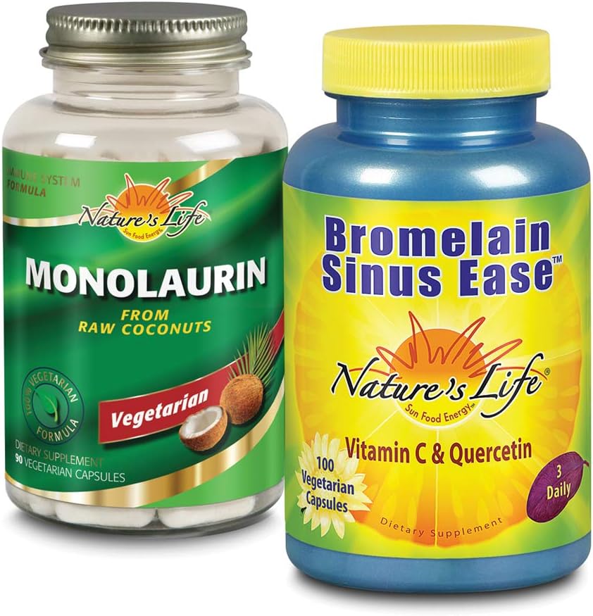 Nature's Life Monolaurin & Bromelain Sinus Ease Bundle | 건강한 면역 기능 및 호흡 지원 | 90ct, 100ct