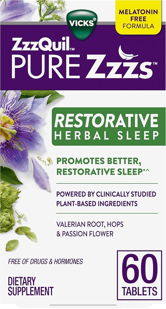 ZzzQuil PURE Zzzs Restorative 초본 잠, 정제, 약과 호르몬의 자유로운, Melatonin 자유로운 공식, Valerian 뿌리, 도약, 열정 꽃, 성인을 위한 잠 원조, 60 조사