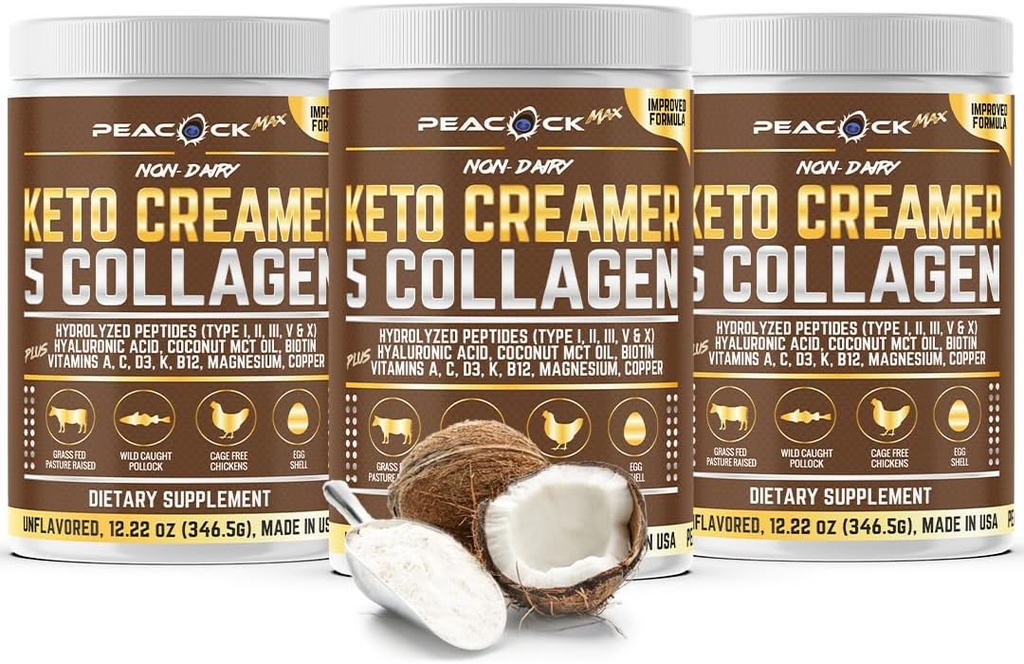 교원질 Keto 커피 크림 분말 12.22 oz, 3의 팩, 코코넛 MCT를 가진 가수분해한 교원질 펩티드 기름, 마그네슘, unflavored 단백질 분말, 매끄러운을 위한 설탕 자유로운 커피 크림