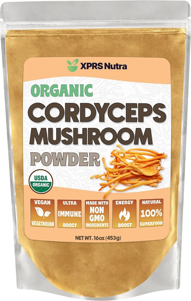 XPRS Nutra 유기 Cordyceps 버섯 분말 - 프리미엄 Cordyceps 버섯 - 실제 버섯 Cordyceps 파우더 보충 에너지 및 면역 지원 - Vegan-Friendly Mushroom Cordyceps (16 oz)