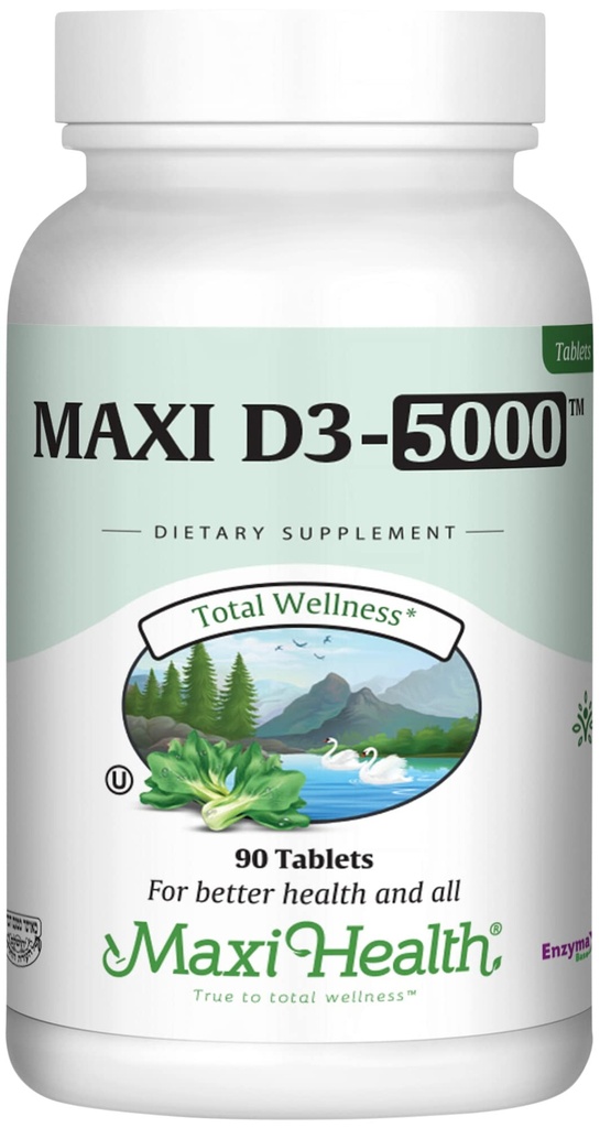 Maxi 건강 비타민 D3 5000 IU (125 mcg) - 높은 복용량 비타민 D 5000 IU - 건강한 뼈, 치아, 면역 지원 - Kosher 순수한 높은 효능 Vit D3 (90 정제)