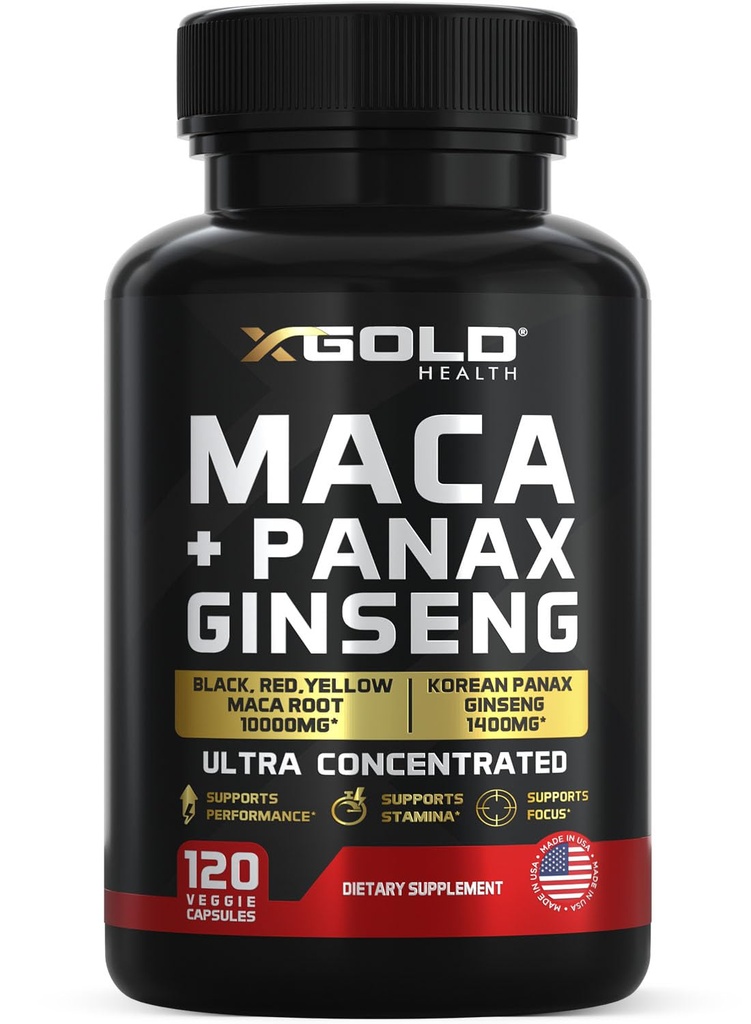 Maca 뿌리 캡슐 10,000mg + 한국어 Panax Ginseng 1,400mg - 20x 농축 추출물 검정 + 빨강 + 황색 Maca 뿌리, 10x 농축 추출물 Panax Ginseng 캡슐 - 매우 유력하고 고순화