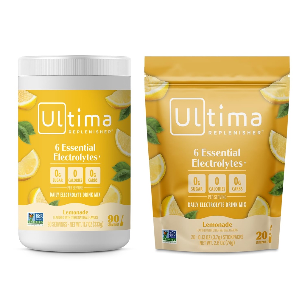 Ultima Replenisher Electrolyte Powder Drink Mix Bundle - Sugar Free - Lemonade, 90 서빙 용기 및 20 Stickpack - 6 Electrolytes 및 Minerals - Keto Friendly, Vegan, Non-GMO