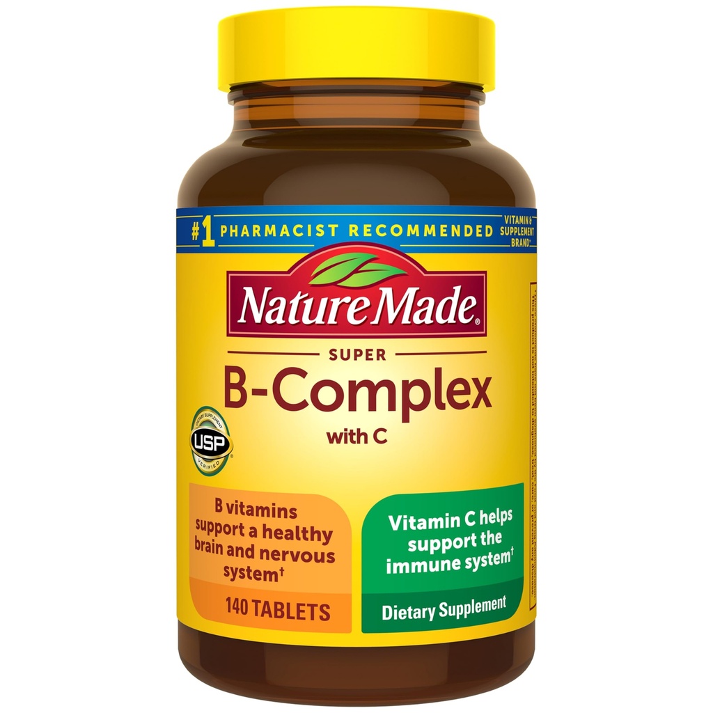 Nature Made Super B Complex with Vitamin C & Folic Acid, 여성 및 남성을위한 B Complex 비타민, 면역 지원을위한 다이어트 보충, 140 정제, 140 일 공급