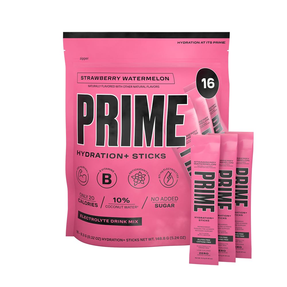 PRIME HYDRATION+ 스틱 Strawberry Watermelon | 히드라이즈 파우더 싱글 세브 스틱 | 고의 전해질 분말 | 저 설탕 | 카페인 무료 | Vegan | 16개 스틱