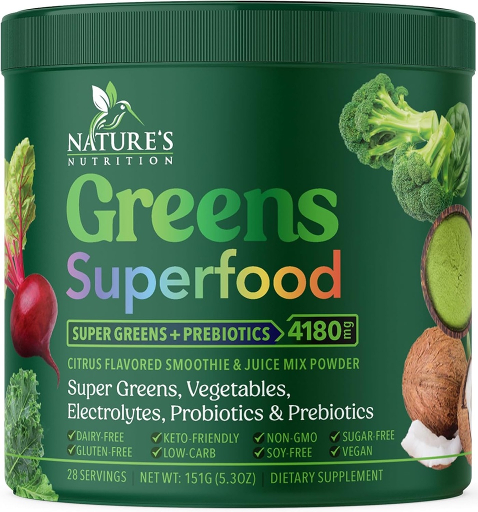 Greens Powder Superfood - 프리미엄 유기농 슈퍼 그린 주스 분말 - Probiotics, Wheat Grass, Enzymes, Spirulina, Chlorella Digestive & Gut Health, 스무디 음료 혼합 - 28 서빙