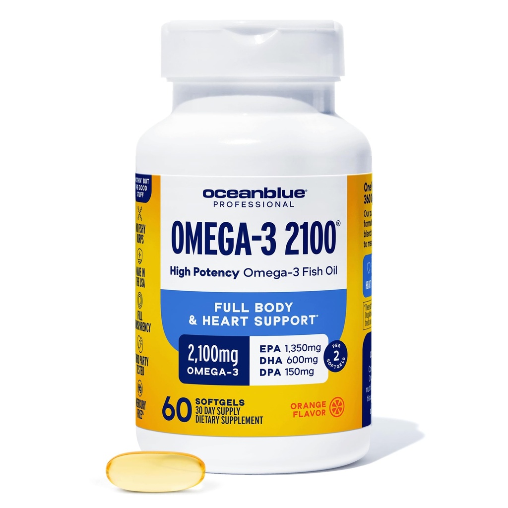 Oceanblue 직업적인 Omega-3 2100-60 조사 - EPA, DHA & DPA - 오렌지 풍미, 30의 서빙을 가진 높은 순수성 세겹 힘 Burpless 물고기 기름 보충교재