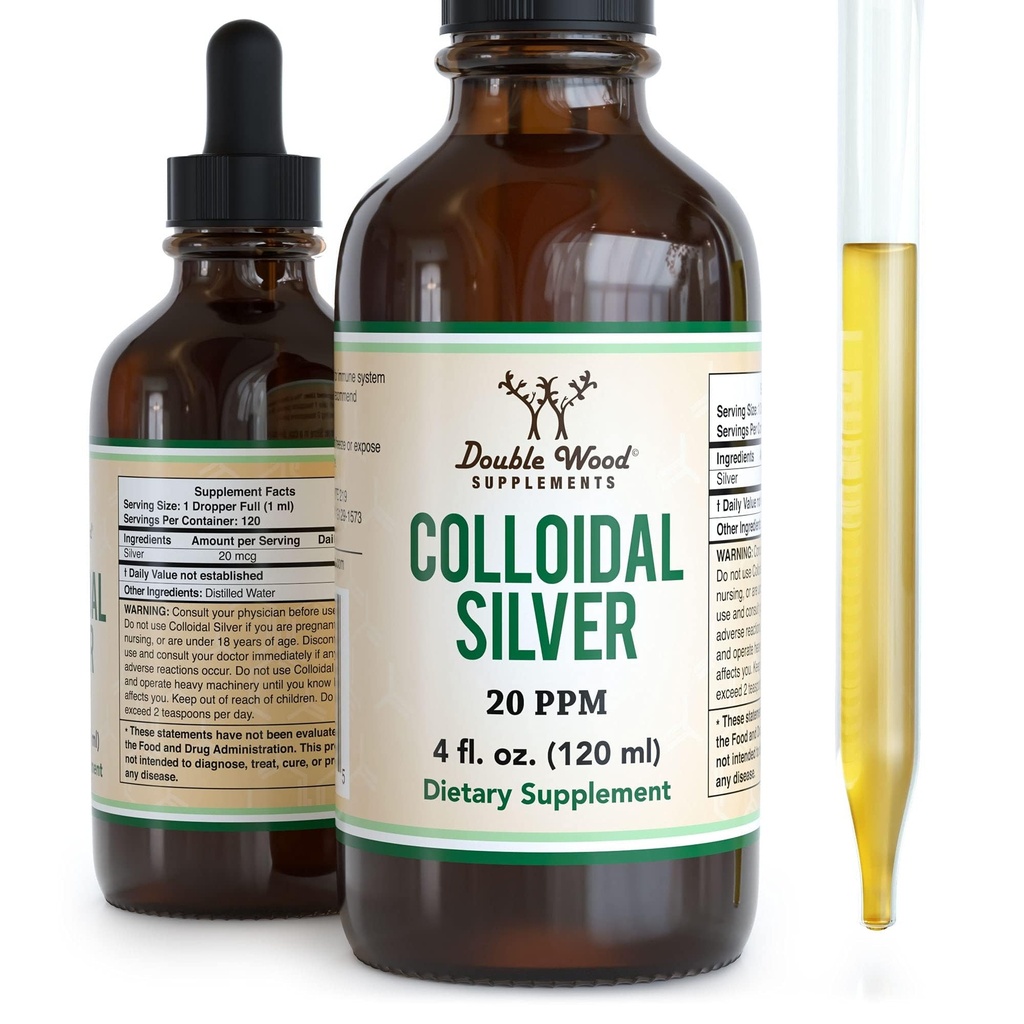 콜로이드 실버 액체 20 PPM - 4 Fl OZ (플래타 콜로이드와 드롭퍼) 99.9% 순수, 글루텐 무료, 비 GMO 더블 목재 보충제