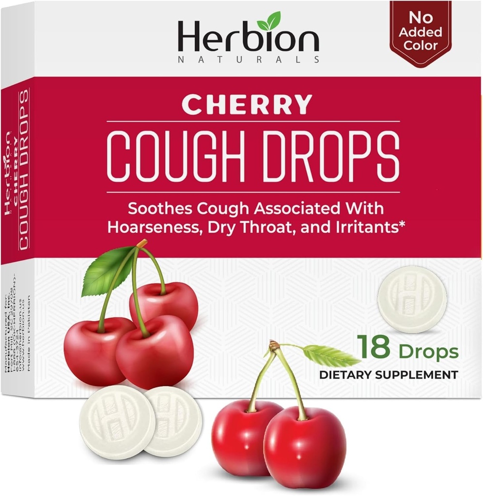 HERBION Naturals Cough Drops, Dietary Supplement, Soothes Cough, 성인 및 어린이 6 년 이상, 인공 맛 없음, 추가 색상 없음 (18 개), 체리)