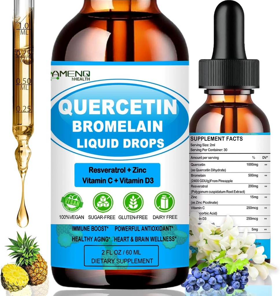 비타민 C와 아연을 가진 Quercetin - Quercetin 액체 하락 - Bromelain를 가진 Quercetin - 아연 Quercetin - 호흡 건강을 위한 면역 지원 보충교재 & Occasional 알레르기에 몸의 응답