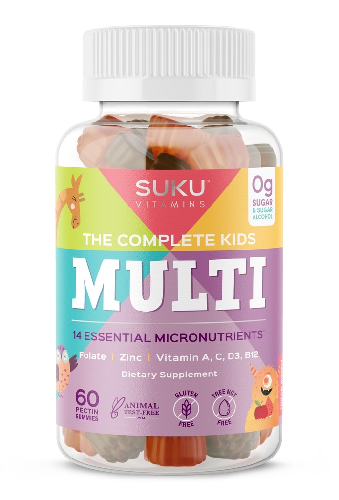 SUKU 완전한 아이 Multivitamin Gummies - 비타민 A, C, D, E, B6, B12, Folate & 아연 - 면역 지원, 설탕 자유로운, 글루텐 자유로운, 비 GMO, 열량 Bonanza 맛 - 60 조사