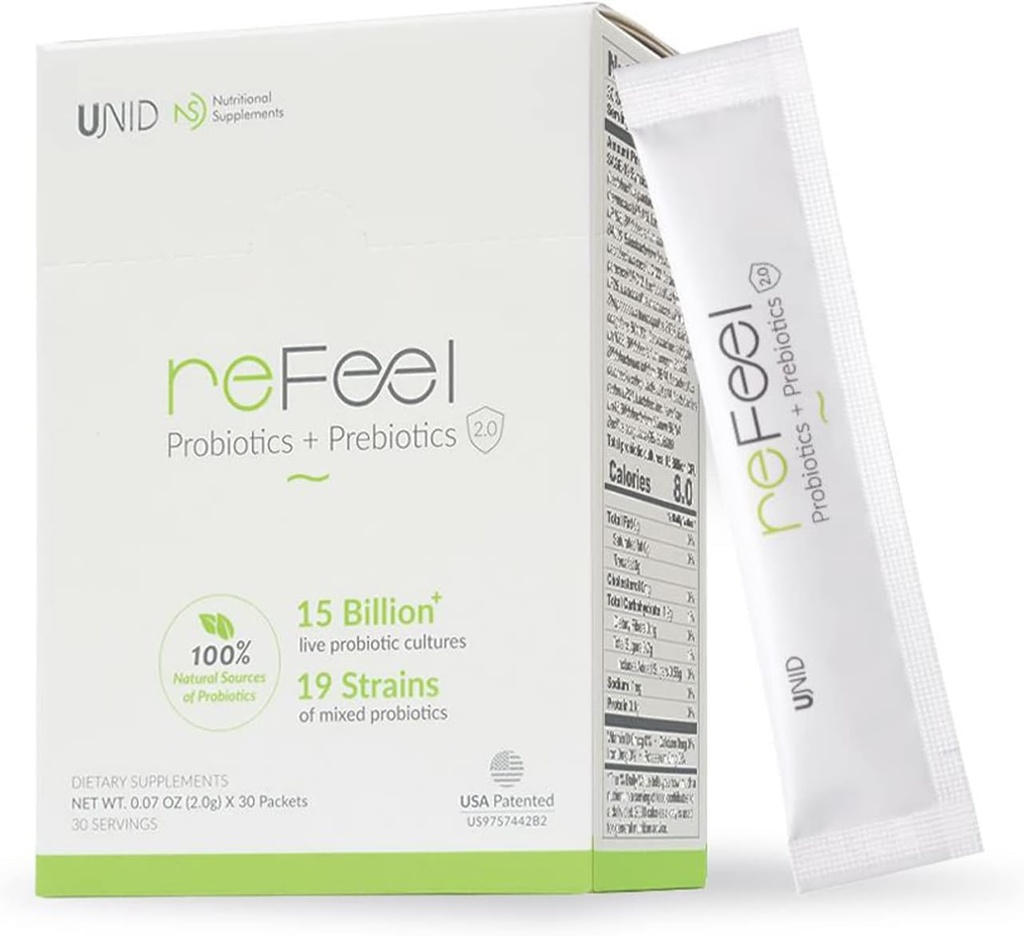 reFeel 2.0 매일 Probiotic 보충 - 15 억 CFU, 가볍게 달콤한 요구르트 맛, Prebiotics 포함, Optimal Gut Flora 균형, 영양 흡수 및 전반적인 웰빙 (19 스트레인 혼합)