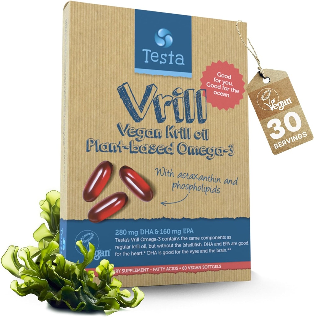 Testa Omega 3 Vegan Krill 보충교재 1000mg Softgels, 2배 Omega-3, DHA, EPA, Astaxanthin, Phospholipids - 심장, 뇌, 눈, 합동 지원 - 물고기, 조류 근원에서 아닙니다 - 60 Softgels