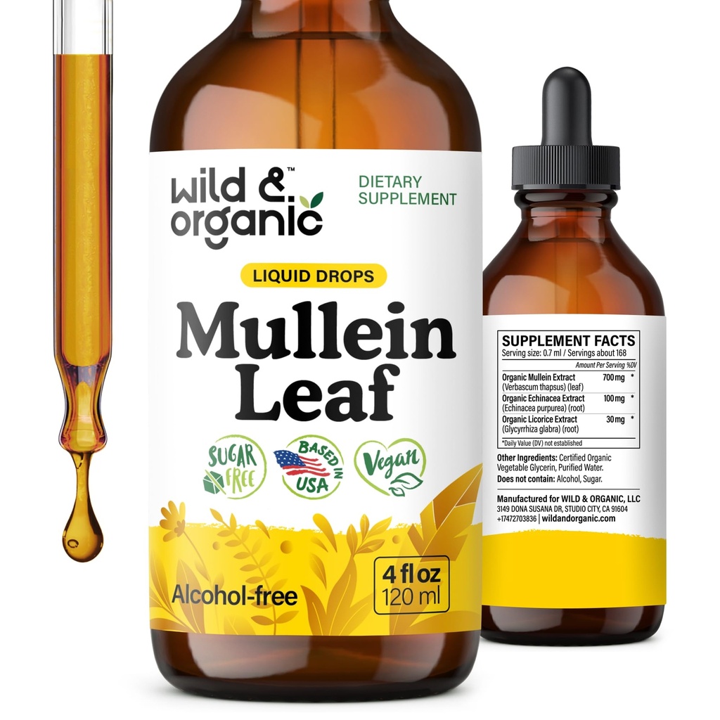 Wild & Organic Mullein Tincture - Lung Cleanse 및 Detox - Echinacea와 Lung을위한 액체 Mullein 잎 추출물 - Verbascum Thapsus Drops - Vegan, Sugar & Alcohol-Free Supplement - 4 fl oz