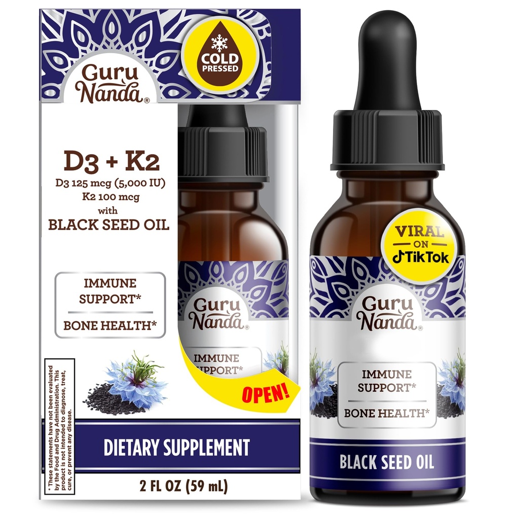 GuruNanda Black Seed Oil, Cold-Pressed Nigella Sativa - 비타민 D3 5000 단위, K2 및 E, High Thymoquinone의 풍부한 | 면역력 강화제, 비 GMO, 2 Fl.oz