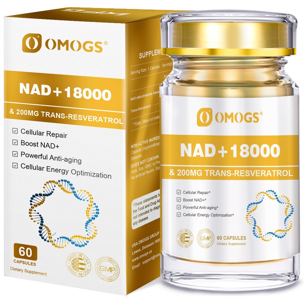 OMOGS NAD+ 300 mg + Trans-Resveratrol 200 mg의 순수한 NAD 보충교재, 최대 흡수, DNA 수선, 건강한 시효, 세포질 에너지 & 장수, 60의 캡슐을 위한 밀어주는 보충교재