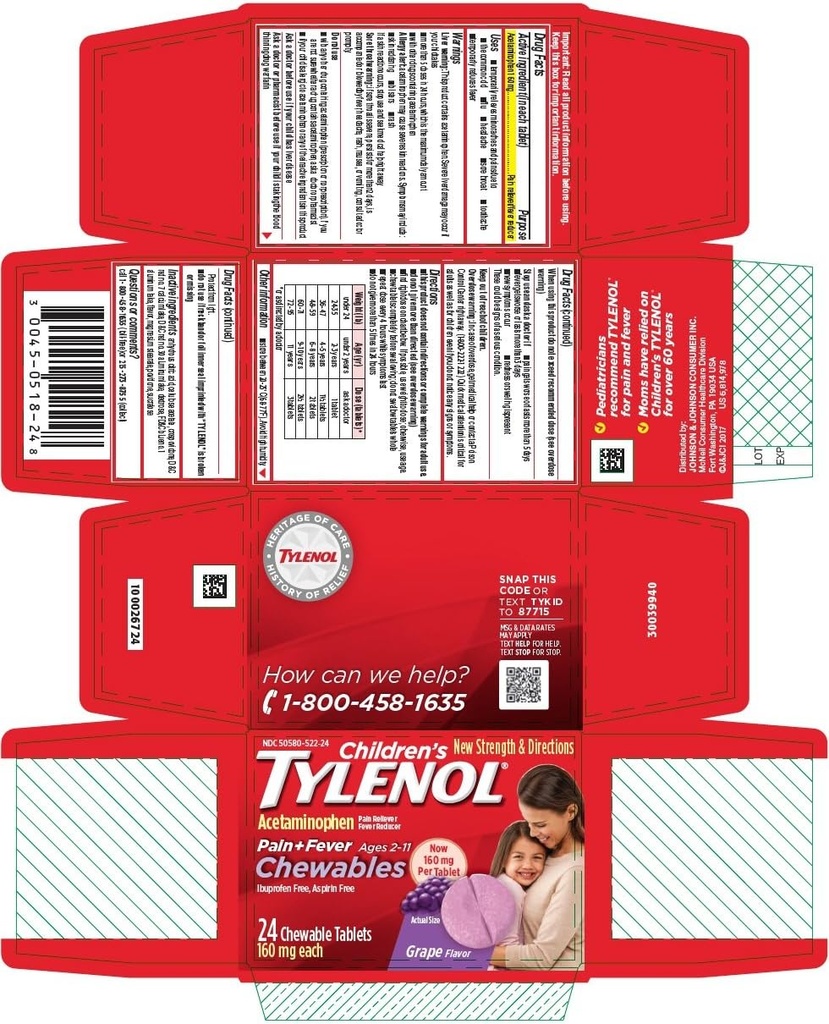 Tylenol 어린이 통증 + Fever Chewable 정제 포도 맛 - 24 ct, 4 팩