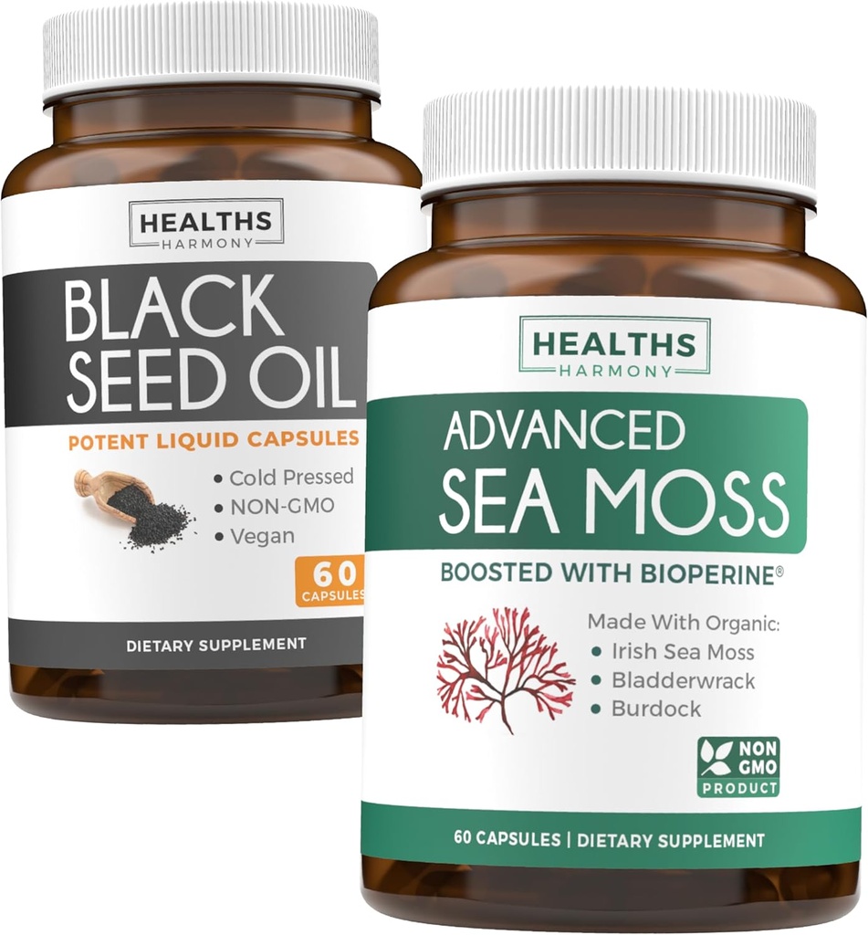 Black Seed Oil & Irish Sea Moss (1 개월 공급) - Black Seed Oil의 Wellness Duo 번들 (60 캡슐) Cold-Pressed Nigella Sativa & Irish Sea Moss (60 캡슐) Bioperine과 Bladderwrack