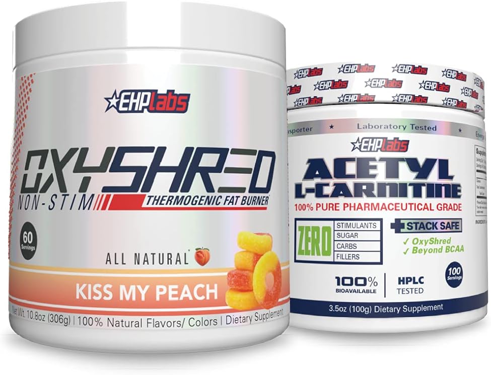 EHP Labs Non-Stim + Acetyl 번들 - OxyShred Thermogenic Pre 운동 분말 & Shredding 보충교재 - Acetyl L Carnitine - 지원 자연적인 에너지 생산, 원조 대사 및 건강한 뇌 기능