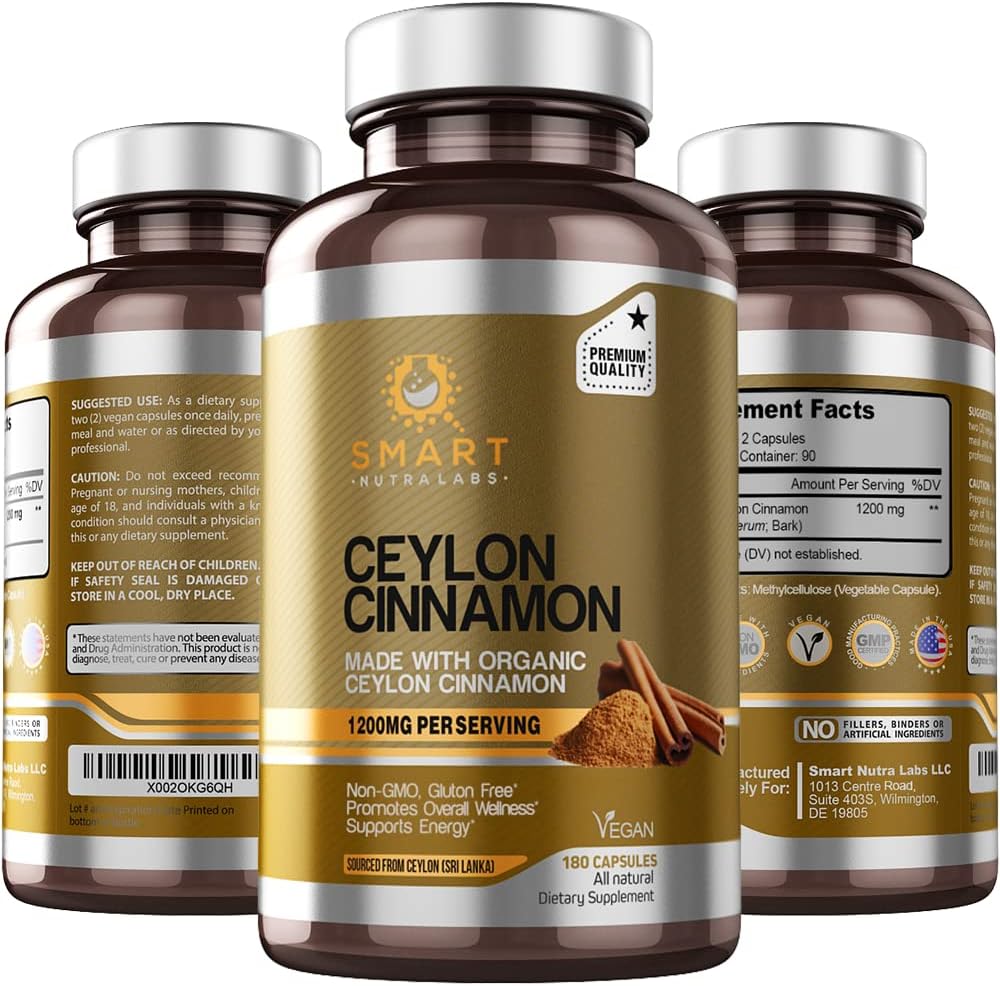 똑똑한 Nutra 실험실 유기 Ceylon Cinnamon 보충교재 1200mg 서빙, 180 Vegan 캡슐, 100% 순수한, 진실한 Ceylon Cinnamon