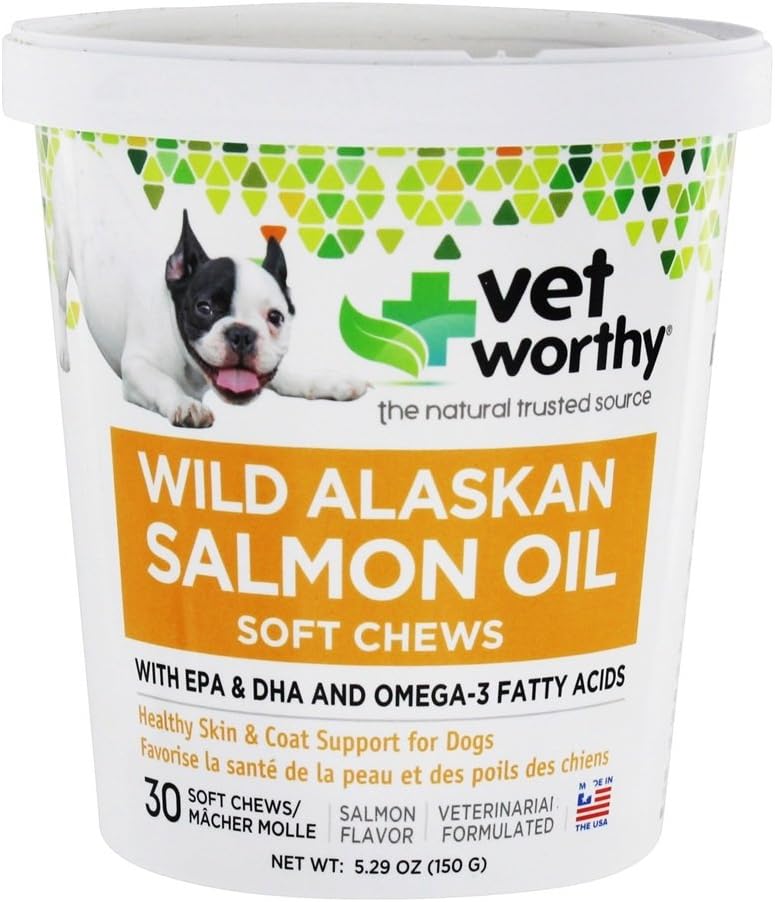 Vet Worthy Salmon Oil Skin and Coat Soft Chews for Dogs - 건강한 피부와 아름다운 코트를 지원하기 위해 개 보충 - 오메가 3 지방산과 생선 기름 보충 - 연어 맛 - 30 소프트 체스