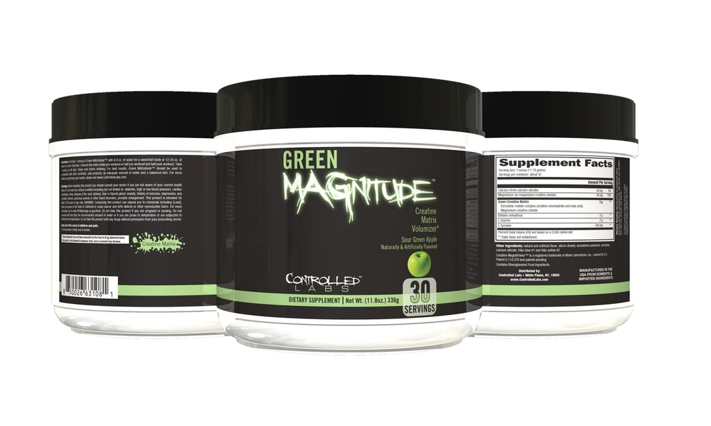 CONTROLLED LABS 녹색 Magnitude 보충교재, Synergistic Creatine 공식 분말은, 힘, 체력 및 성과를 승진시킵니다, (Sour Green Apple, 30 서빙)