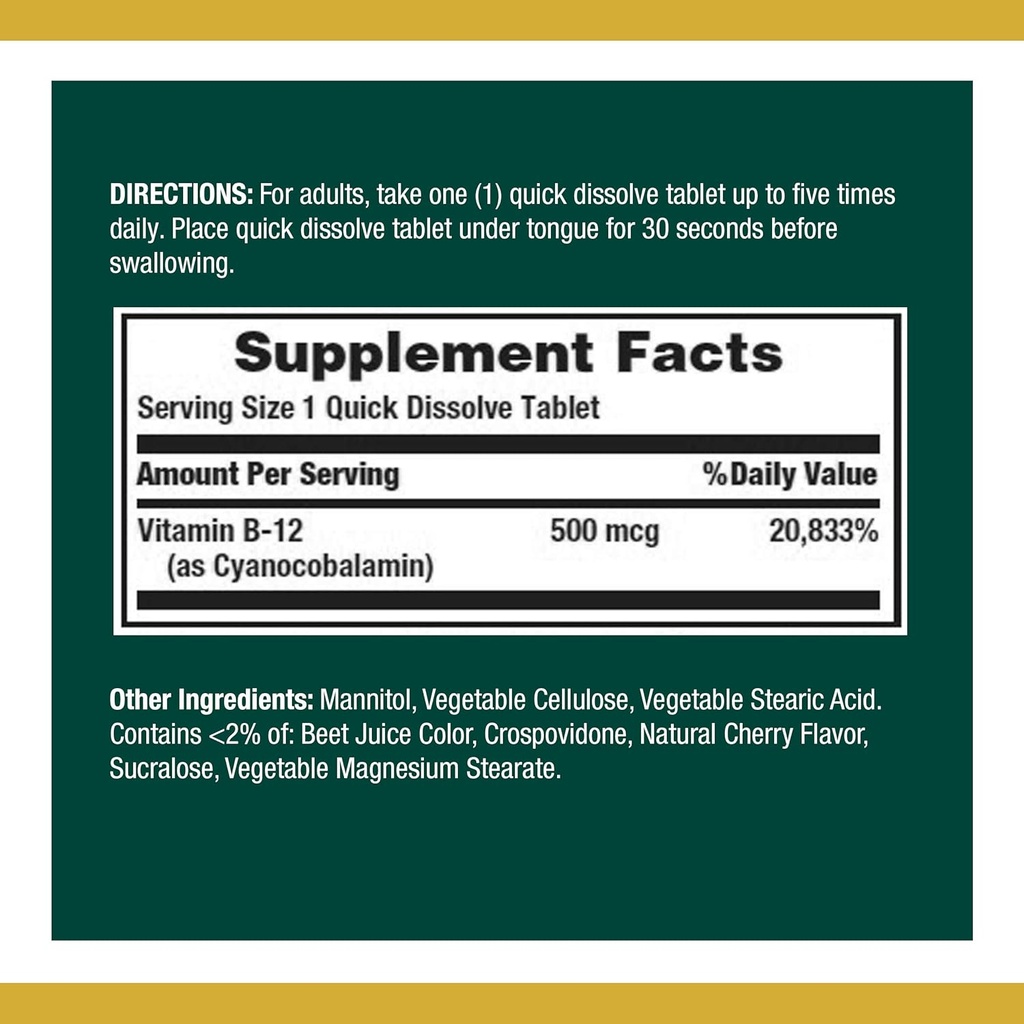 Nature 's Bounty Vitamin B12, Energy Metabolism 및 Nervous System Health, 500mcg, 100 빠른 용해 정제 (팩 2)