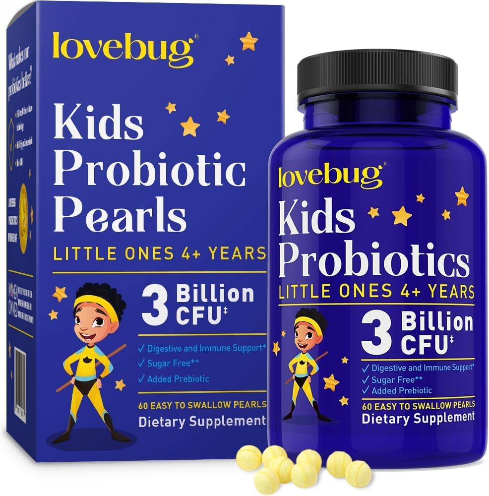 아이를 위한 LOVEBUG Probiotics - 아세드 4를 위한 Prebiotics를 가진 아이 Probiotic Chewables, 매일 아이들의 Gut 건강, 변비, 소화 & 면역 지원 보충교재, 설탕 자유로운, 60 연약한 진주
