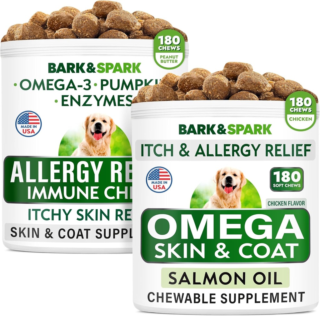 Allergy Relief + Omega 3 for Dogs Bundle - Anti-Itch Skin & Coat + Skin Allergy - 오메가 3 Fish Oil + EPA 및 DHA Fatty Acid - 가려움 & Paw Licking + Joint Health - 360 Chews - 미국에서 만든