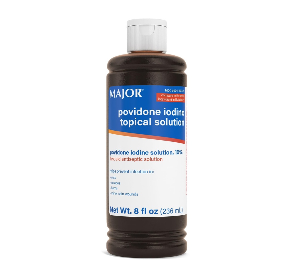 주요 10% Povidone-Iodine 액체 화제 해결책, USP - 커트, 스크랩, 화상 및 광부를 위한 화제 방부제 - 8 Fl. Oz.