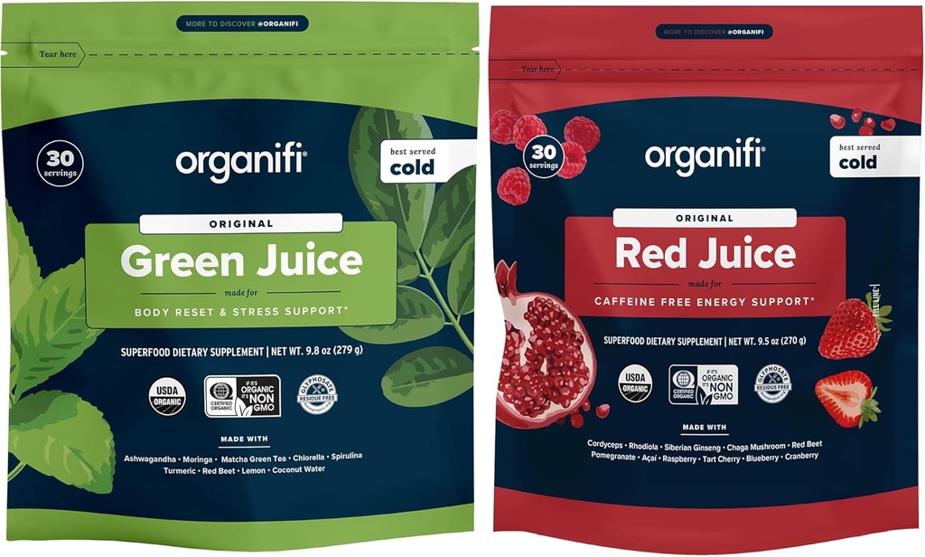 Organifi 녹색 주스와 빨간 주스 뭉치 - 30 일 공급 - 에너지와 긴장 기복 지원을 위한 산화 방지제를 가진 맛있고, 상쾌한 유기 Superfood 보충교재 분말 - GMO, 글루텐 없음, 또는 Soy