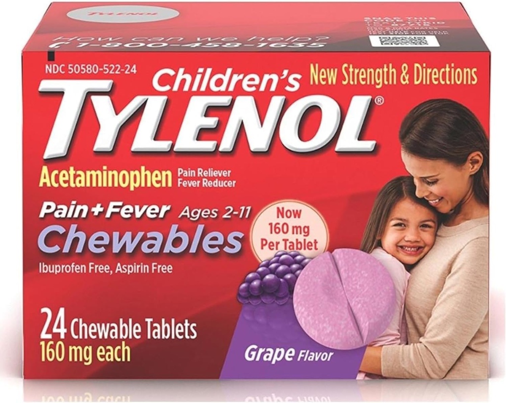 Tylenol 아이들의 고통 + Fever Chewables 정제 160 mg의 포도 풍미 24 ea (3 팩)