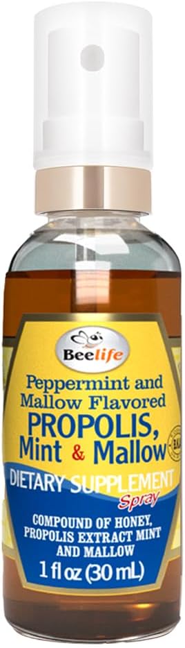 Beelife Propolis 스로트 스프레이 - 소싱 꿀, 민트 & 말바 - 자연 면역 지원 & 소어 스로트 구호, 산화 방지제, Flavonoids & Artepillin C, 설탕 없음, 글루텐 - 1 팩, 30ml