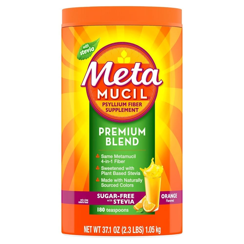 Metamucil 프리미엄 혼합, 4에서 1 섬유 보충 Digestive 건강, Psyllium Husk 섬유 분말, Stevia, 식물 기반 섬유 보충, 오렌지 맛, 180 Teaspoons와 설탕 무료