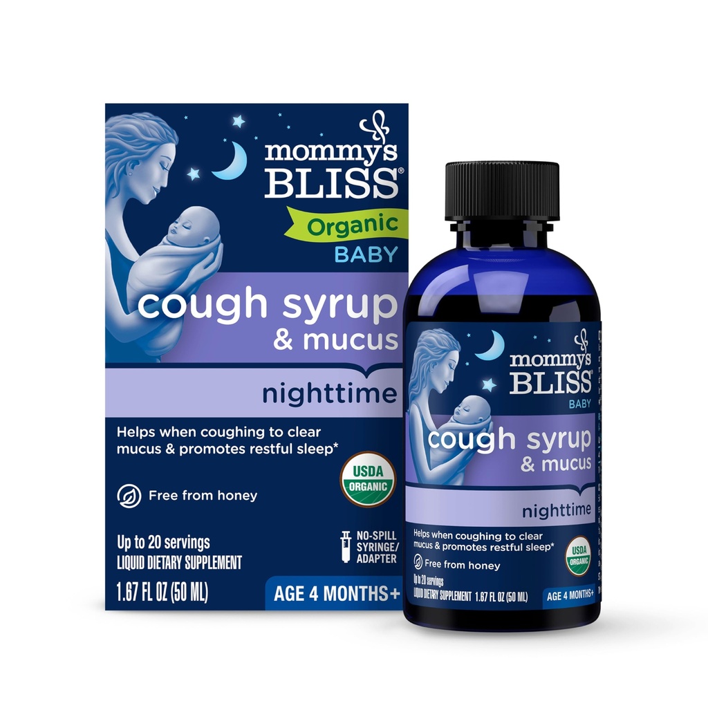 Mommy's Bliss Organic Baby Cough Syrup & Mucus Night Time은 유기농 아가브와 아이비 리프를 함유하며 아기 4 개월 +, 1.67 유체 오우온을 위해 제작되었습니다.