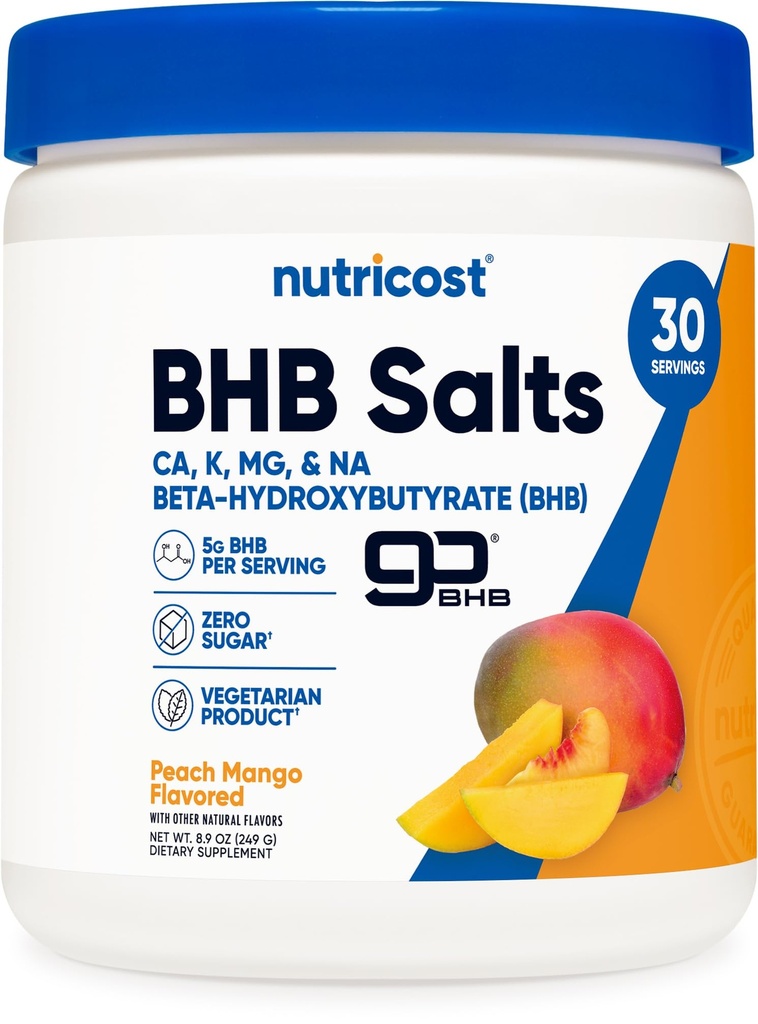 Nutricost BHB 소금 음료 혼합 (30 서빙, 복숭아 망고 맛) (5G BHB 서빙) - 0G 총 설탕, 채식 제품